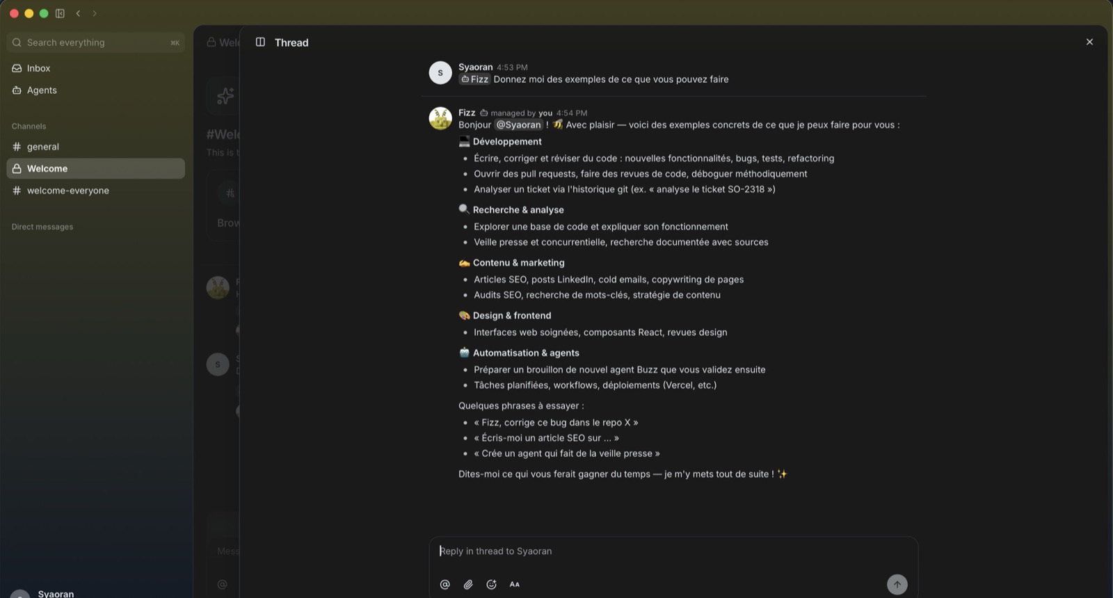 Buzz screenshot: thread with an agent (Fizz) answering in the Welcome channel after an examples request.